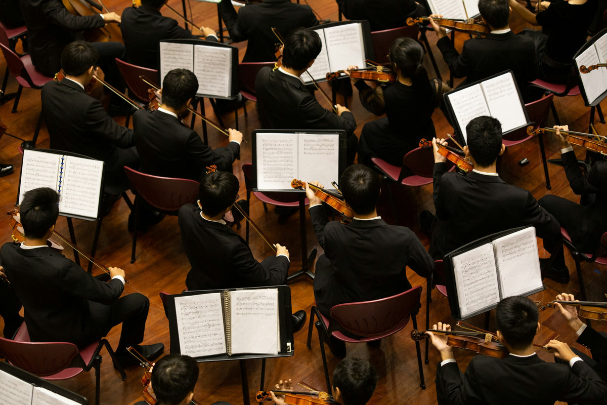 Overhead view of an orchestra's violin section playing from sheet music